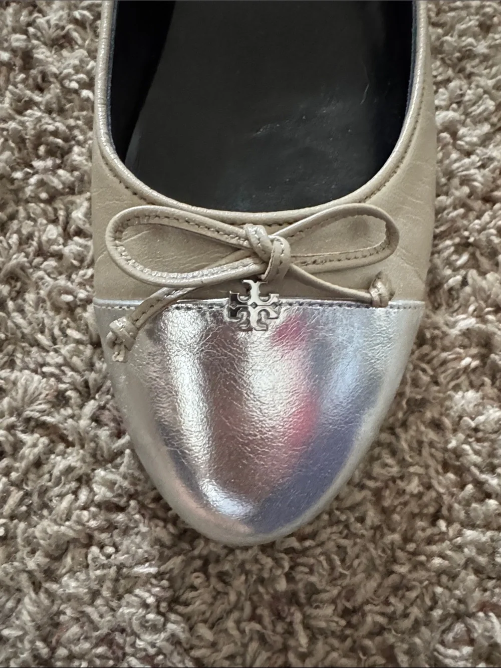 Tory Burch Cap-Toe Leather Ballet Flats in Oyster/Silver